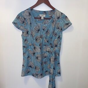 LOFT Teal Floral Wrap Tie Short Sleeve Blouse